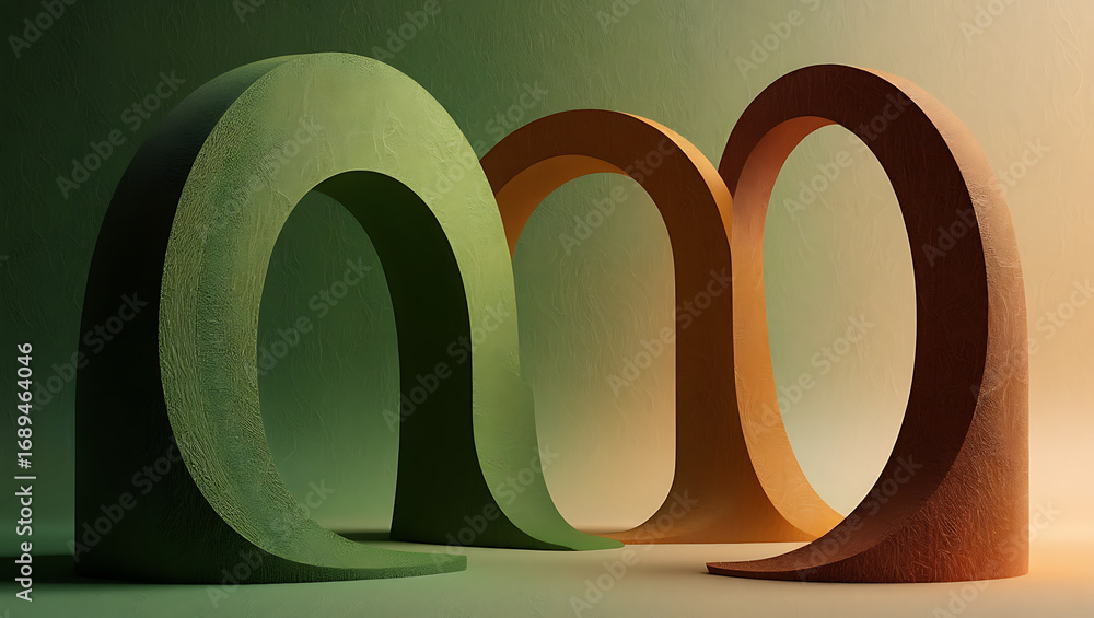 Aufkleber three textured abstract arches in green, orange, and brown, creating a tunnel effect with a soft gra
