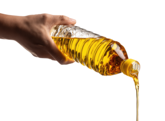 Hand pouring cooking oil from a plastic bottle
