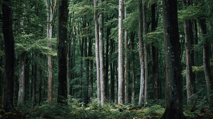 dark green beech stand growe texture in summer forest tree trunks in shadows no logos no brands ar 169