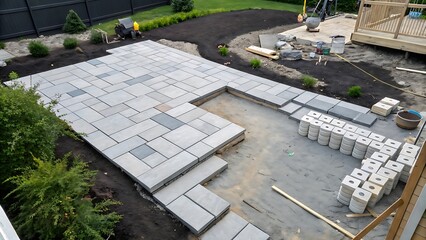 Grey Flagstone Patio Installation in Progress Backyard Landscaping Project