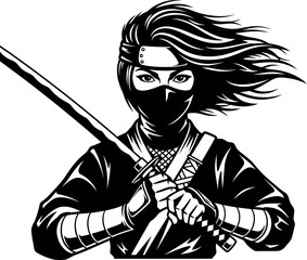 Dynamic vector illustration of a mysterious female ninja assassin with a katana sword. Monochrome black and white design with a warrior aesthetic, perfect for martial arts themes. © Munna_SH