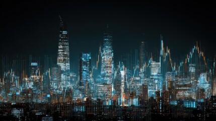 futuristic city skyline at night illuminated by digital glowing data charts and financial graphs overlaying skyscrapers