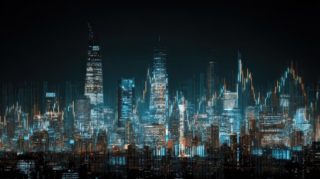 futuristic city skyline at night illuminated by digital glowing data charts and financial graphs overlaying skyscrapers