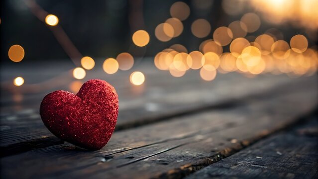 A sparkling red heart rests gently on a weathered wooden plank, bathed in the soft glow of warm, blurred fairy lights, evoking feelings of love and affection and marking a special moment