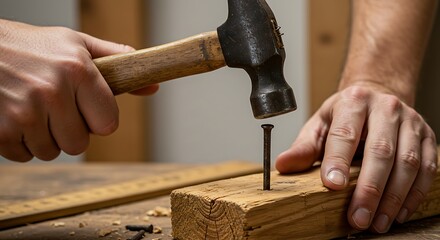 Carpenter hammering a nail into wood.