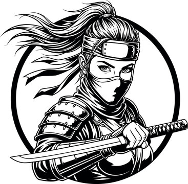 Powerful vector portrait of a female samurai or ninja warrior with a katana. Black and white illustration with armor details and a circular frame, great for logos and mascots.