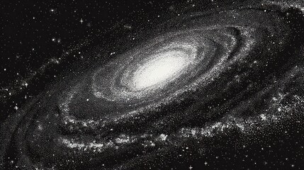 A grayscale galaxy with a bright nucleus and spiral arms amidst a starlit background