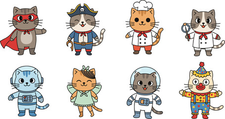 Cute Cartoon Cats in Various Professional and Fantasy Costumes Including Astronaut, Chef, Pirate, Fairy, Clown and Superhero Outfits