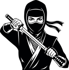 Fierce vector illustration of a female ninja warrior in a hood, poised for action with a katana sword. Monochrome black and white design with a powerful and mysterious look.
