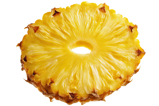 Close-up of a pineapple slice.  Fresh, golden yellow flesh and textured,  brown edges.  Circular slice shows the center core