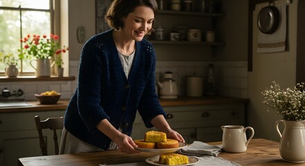 An adult woman in a cozy cardigan serving cornbread in a kitchen with a rustic table