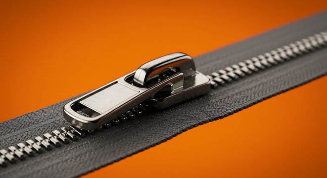 Close-up of a silver zipper on a gray fabric. - Powered by Adobe
