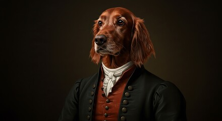 Elegant Irish Setter Dog Dressed in Historical Aristocratic Attire.
