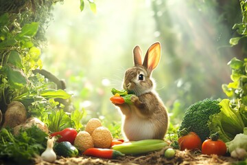 A cute rabbit enjoying fresh vegetables.
