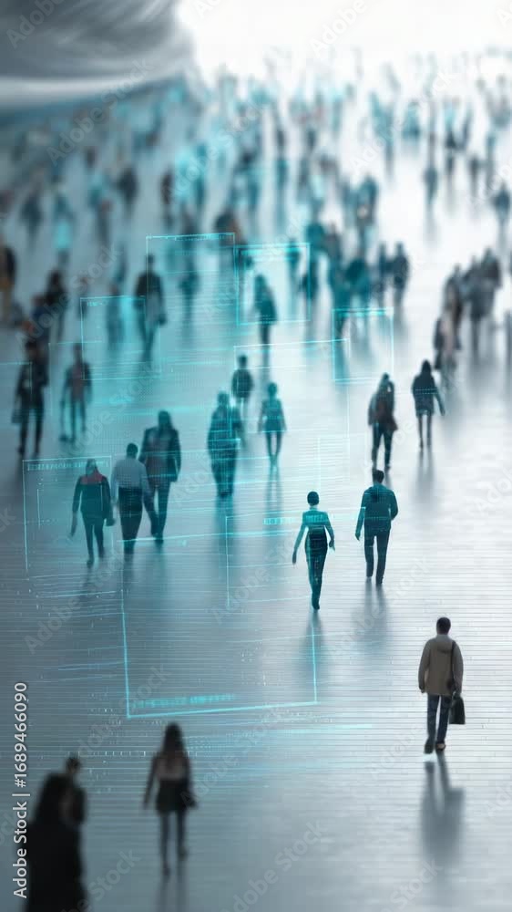 Poster ai software tracking pedestrians in crowded urban environment, marking individuals with digital blue