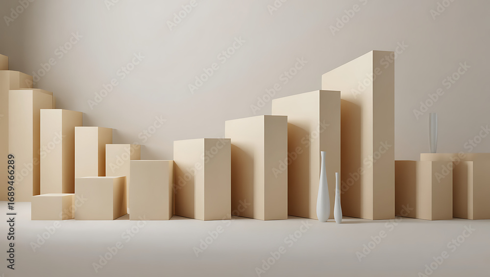 Aufkleber a minimalist arrangement of beige geometric blocks and cubes of varying heights and sizes, creating 