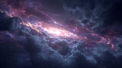 Expansive galaxy core radiates light through swirling nebulae and storm-like cosmic clouds