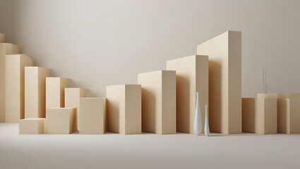 A minimalist arrangement of beige geometric blocks and cubes of varying heights and sizes, creating a stepped or tiered visual effect against a soft, neutral background