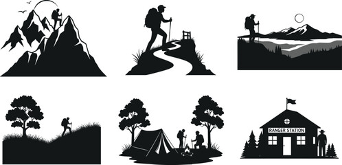 Hiking and Camping Silhouette Vector Set Featuring Mountains, Trails, Forest, Ranger Station, and Outdoor Adventure Scenes for Nature Explorers
