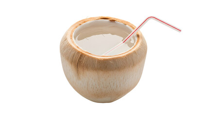 Fresh coconut water with a straw, isolated on transparent background