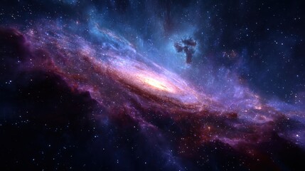 A spiral galaxy glows with purple, orange, and blue light against a dark backdrop