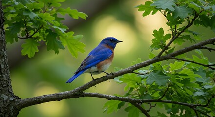 Obraz premium Bluebird on a Branch in a Green Forest.