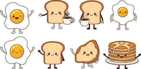 Cartoon breakfast food characters including eggs, bread, sandwich, and pancakes with happy faces in cute vector illustration for kids