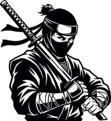 Classic vector illustration of a male ninja warrior with a katana sword, ready for action. Monochrome black and white design with a traditional martial arts aesthetic, perfect for various projects. © Munna_SH