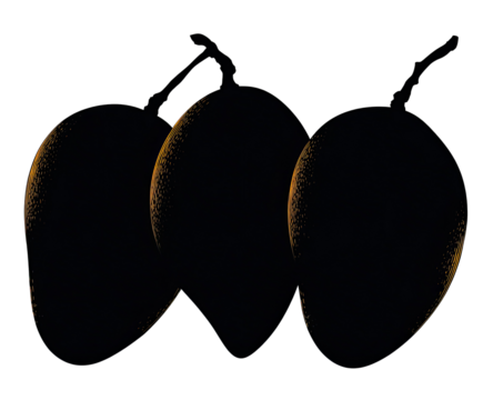 Three dark, oval-shaped fruits, subtly textured, illuminated from within, clustered together