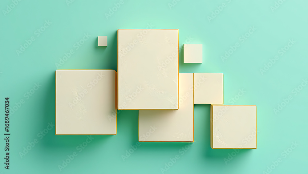 Poster minimalist arrangement of creamcolored square blocks with gold edges scattered on a light teal backg