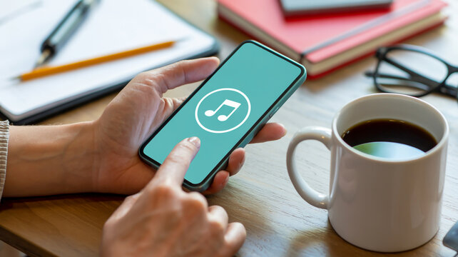 Hand holding smartphone with music note icon and cup of coffee on wooden desk image photo