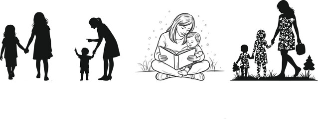 Mother and Child Silhouette and Sketch Vector Set Showing Love, Parenting, Teaching, and Reading Moments in Family Life