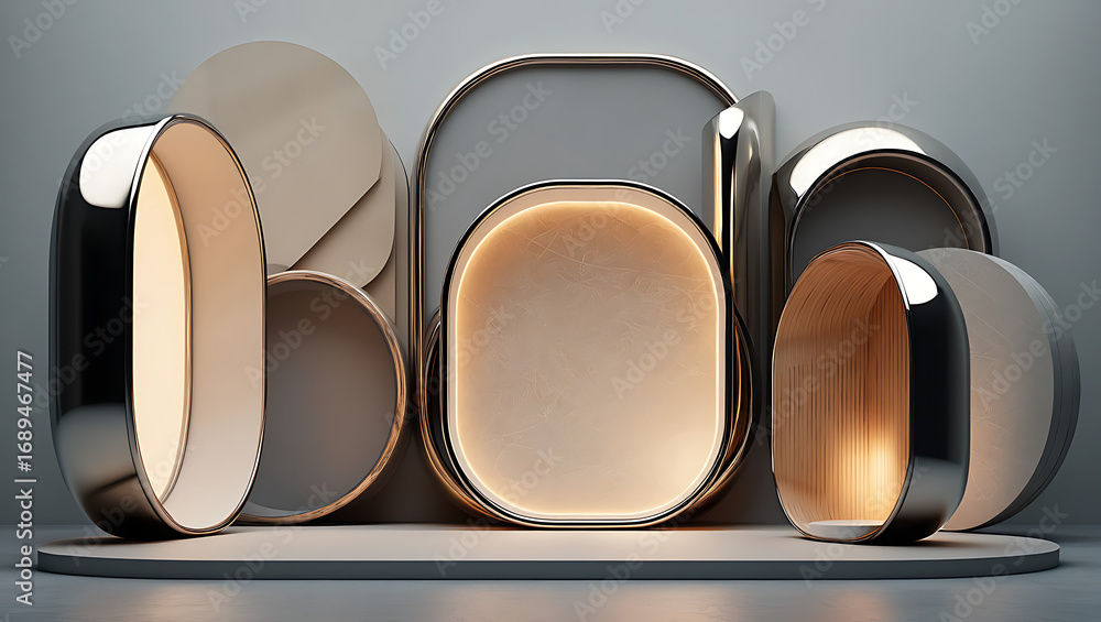 Fototapete an abstract 3d render featuring a collection of metallic and creamcolored oval and rounded shapes on
