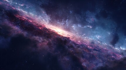 Vibrant galaxy scene, with bright core and swirling dust clouds in blues, purples, and pinks
