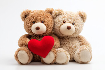 Obraz premium Adorable couple of teddy bears sitting together holding a single red heart symbolizing love