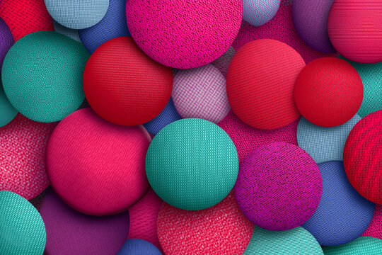 Vibrant seamless 3d abstract fabric pattern with textured spheres and geometric shapes