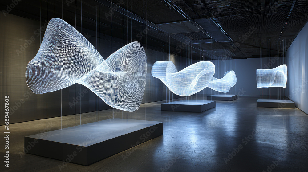 Poster futuristic light sculptures float in dimly lit gallery, creating ethereal atmosphere. glowing, swirl