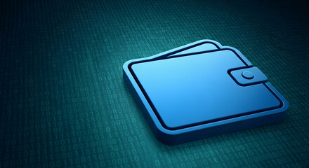 Blue wallet icon on teal binary code background, showcasing digital finance, online payment, or secure transaction concept