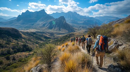 A group of hikers making their way up a rugged mountain trail, with panoramic views of the wilderness, snow-capped peaks