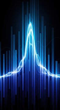 Glowing Blue Energy Pulse: A Luminous Waveform with Particles Over a Digital Bar Chart.