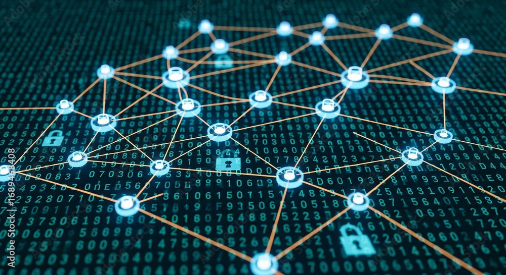 Poster abstract network visualization, glowing nodes connected by lines, set against a binary code backgrou