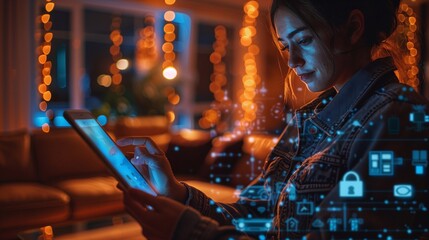 A person woman using a smartphone or tablet to control smart home devices in evening indoor scene