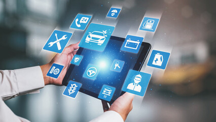 Car service and insurance provide vehicle maintenance, car insurance coverage claim app, and...