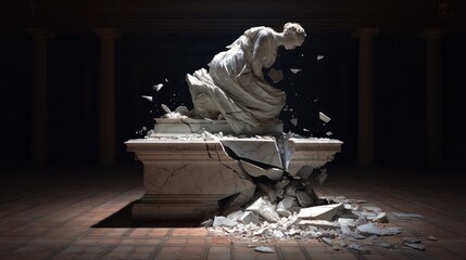 Crumbling marble statue of draped figure amidst shattered pieces in shadowy hall