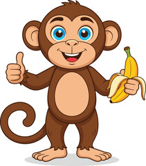 Cartoon Monkey Holding Banana and Giving Thumbs Up, Happy Jungle Animal Character with Big Eyes and Smile on White Background