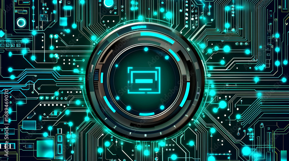 Aufkleber futuristic digital interface with glowing circular element at center, surrounded by intricate circui