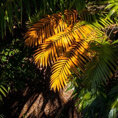Golden Palm Fronds Tropical Jungle Sunlight Shadows