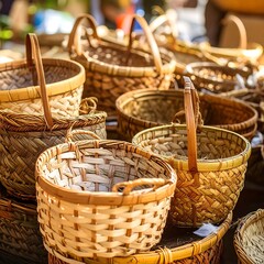 Assorted handmade baskets displayed at a market