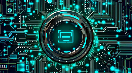 Futuristic digital interface with glowing circular element at center, surrounded by intricate circuit patterns and neon blue lights, representing advanced technology