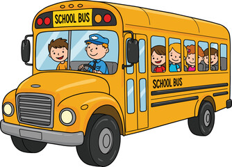 Cartoon yellow school bus with happy children and driver in motion for educational transport and back to school vector illustration